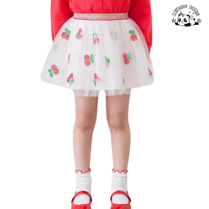 LEZONKIDS - Customizable Comfortable Breathable Sequin Cherry Embroidery Baby Girls Cherry Tutu Skirt